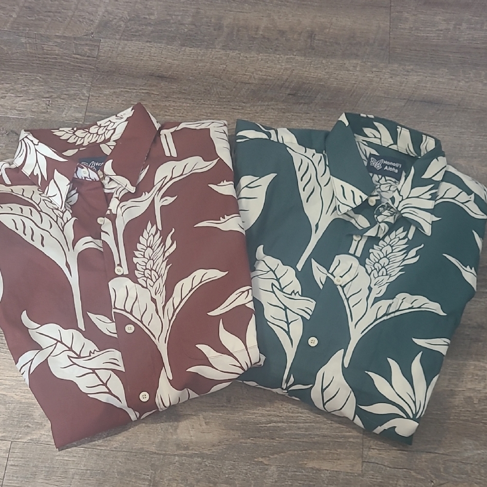 Lot 2 Medium Honoli'i Cotton Tropical Hawaiin Shirts Green Brown Vacation